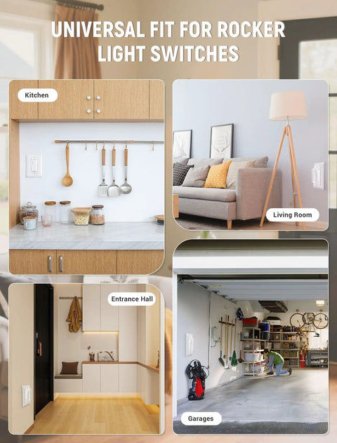 Collage showing 2 Pack Light Switch Guard Cover in kitchen, living room, entrance hall, and garage settings for kid proofing