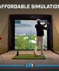 Golfer using All In One Indoor Golf Simulator Bundle With Pro Style Launch Monitor And FSX Play Gold Subscription, 1080p Projector, Enclosure And Turf Mat For Realistic High Accuracy Ball And Club Data At Home in a dark room.