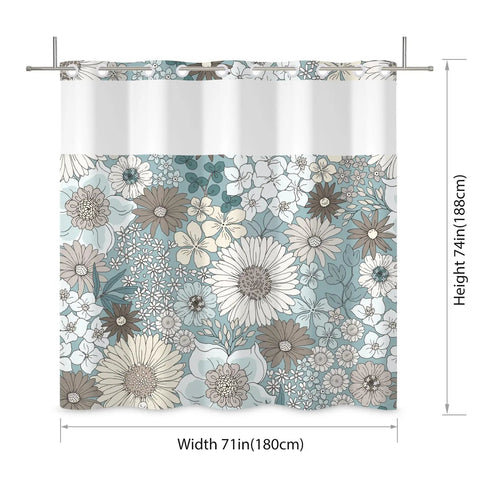 No Hook Shower Curtain With See Through Mesh Light Blue Boho Flower Floral Fabric Bath Curtain Single Layer Easy Install 71 By 74 Inches Breathable See Through Mesh Lets Light In And Keeps Water Contained