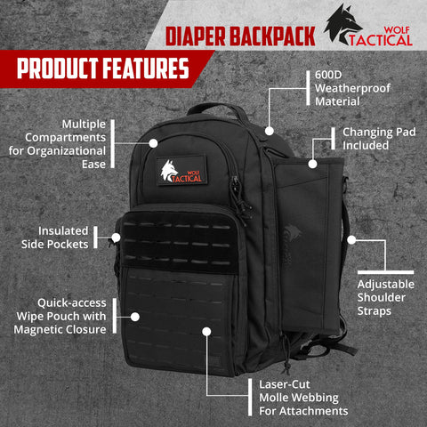 Front view of Military Inspired Tactical Diaper Backpack For Dads With 24L Capacity, highlighting features and compartments.