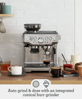 Barista Grade Espresso Machine With Integrated Conical Burr Grinder Bean To Cup Coffee Maker Featuring Manual Steam Wand For Creamy Microfoam And Show Stopping Latte Art In Modern Black Truffle Finish on kitchen counter.