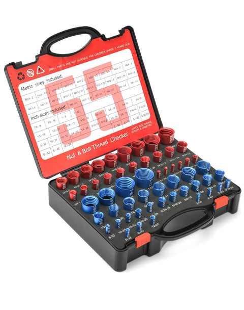 55 Piece Pro Grade Thread Checker Kit With Bolt Size Gauge And Nut And Bolt Measuring Tool, 25 Metric And 30 Standard, Thread Gauge Finder With Storage Box For Quick, Accurate Size Checks In Narrow And Tricky Spaces open with gauges visible