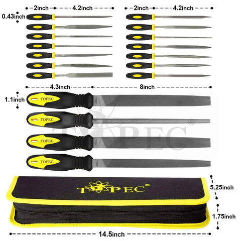 26 Piece Metal File Set With T12 Forged Alloy Steel Shop-Ready Pro Grade Includes Flat Triangle Half-Round Round Files 14 Needle Files Gloves Sandpaper And Wire Brush For Woodworking And Metalworking displayed with sizes.