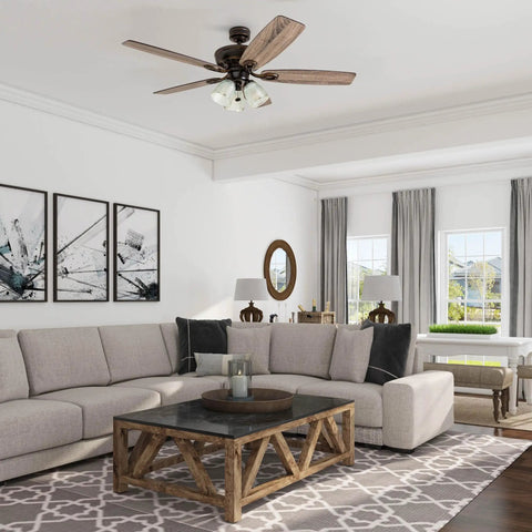 Living room with 52 Inch Rustic Indoor LED Ceiling Fan With Light Kit, Dope Oil Rubbed Bronze Finish, above a gray sectional sofa.