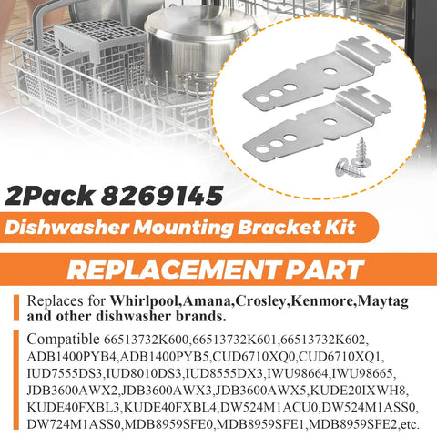 2 Pack Dishwasher Mounting Brackets With Screws, Replacement Part for Whirlpool Kenmore, shown with model compatibility list