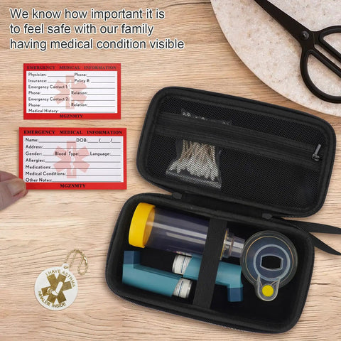 Everyday Travel Case For Asthma Gear Inhaler Spacer Masks Meds And Medical Card with zipper open showing contents