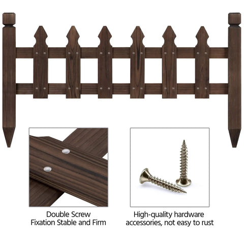Solid Fir Wood Garden Picket Fence Edging Kit With Five Panels for Yard Border and Plant Beds Approximately 178 by 22 Inches Durable Outdoor Fence System That Is Flexible And Simple To Install, showing wooden panels and screws.