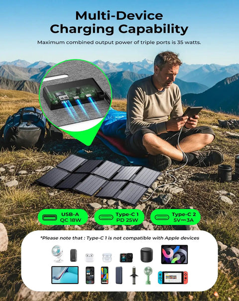 Slay Your Hikes With This Beast Mode Portable Solar Charger delivering 25W USB-C power, showcasing multi-device charging capabilities in nature.