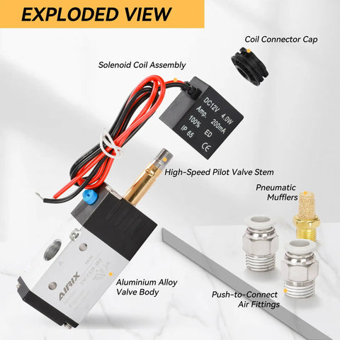 Exploded view of the Three Way Pneumatic Solenoid Valve Model 3V210-08, DC 12V, showing components and connections.
