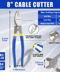 8 inch cable cutter with blue and yellow handles, cutting capacity chart, and details of polished surface and safety lock.