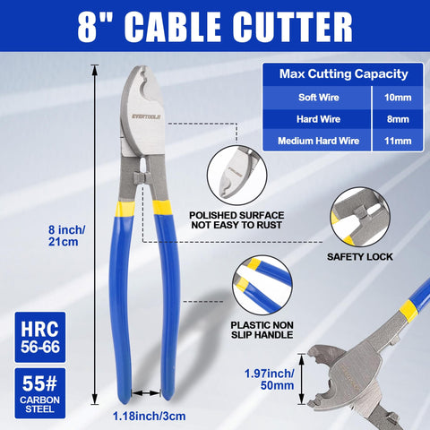 8 inch cable cutter with blue and yellow handles, cutting capacity chart, and details of polished surface and safety lock.