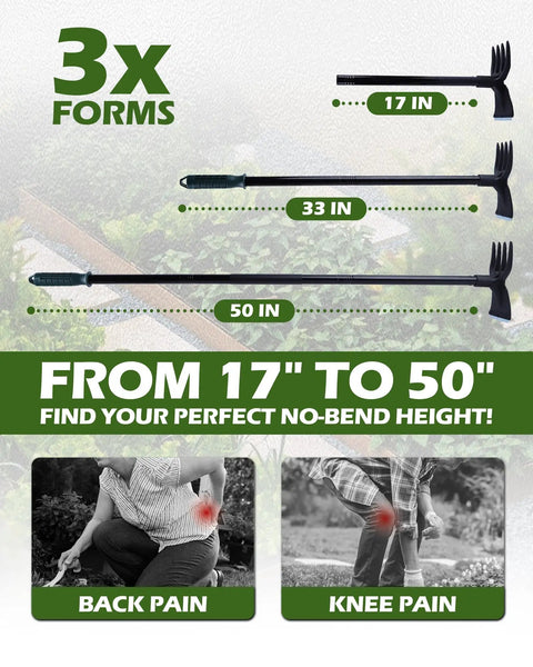 5 In 1 Garden Hoe With Adjustable 37 To 50 Inch Handle for weeding, cultivating, and raking, showing handle lengths 17 to 50 inches