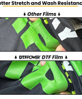 Comparison of green graphics on fabric using Instant Hot Peel Cold Peel DTF Transfer Paper Roll 13 Inch X 328 Feet with other films