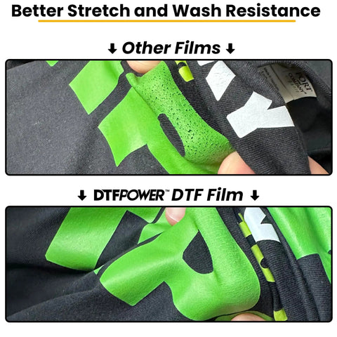 Comparison of green graphics on fabric using Instant Hot Peel Cold Peel DTF Transfer Paper Roll 13 Inch X 328 Feet with other films