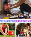275-piece car first aid kit in red EVA case; opened with bandages; person treating a leg indoors and hikers outdoors.