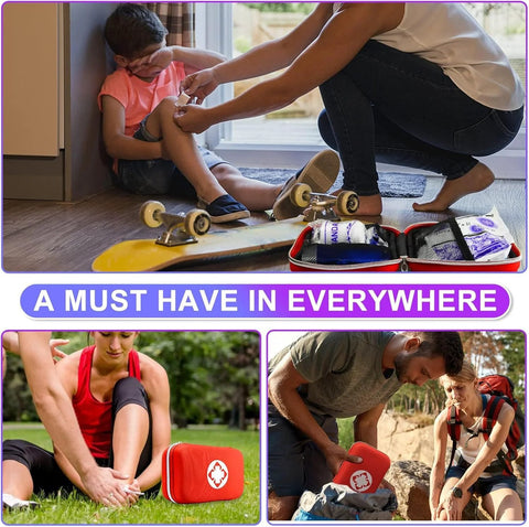 275-piece car first aid kit in red EVA case; opened with bandages; person treating a leg indoors and hikers outdoors.
