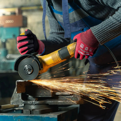 Worker using grinder wearing Cut Resistant Nitrile Coated Safety Gloves With Firm Grip ANSI Cut A4 KG22N for construction