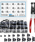 100Pcs Spring Band Hose Clamp Kit 6 to 25mm With Swivel Flat Clamp Pliers, organized in a transparent box with pliers alongside.