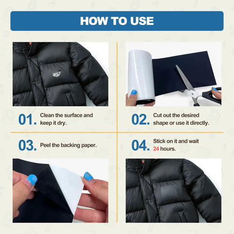 Instructions for applying Self Adhesive Nylon Fabric Repair Tape 4x63 Inches For Quick Down Jacket Fix DIY Friendly Waterproof Outdoor Gear Patch Kit