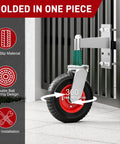Beefed Up 8 Inch Heavy Duty Gate Wheel Kit For Wooden And Metal Tube Gates Supports Up To 700 Lbs Spring Loaded 360 Degree Rotating Caster Red Gate Caster Wheel Set shown attached to gate