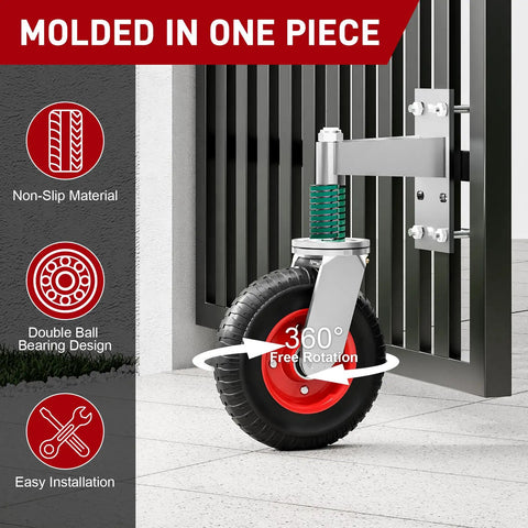 Beefed Up 8 Inch Heavy Duty Gate Wheel Kit For Wooden And Metal Tube Gates Supports Up To 700 Lbs Spring Loaded 360 Degree Rotating Caster Red Gate Caster Wheel Set shown attached to gate