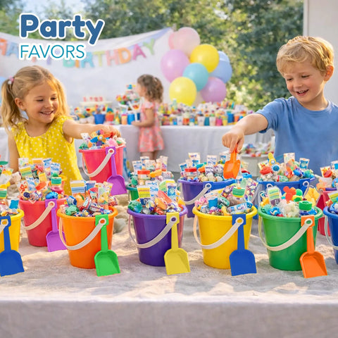 Children enjoying a colorful display of 12 Pack Kids Beach Buckets And Shovels Set Five Point Five Inch at a party.