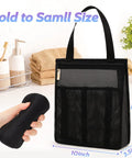 Black portable mesh shower caddy for gym, travel, camp, dorm life, quick dry bag with side pockets, hanging on counter.