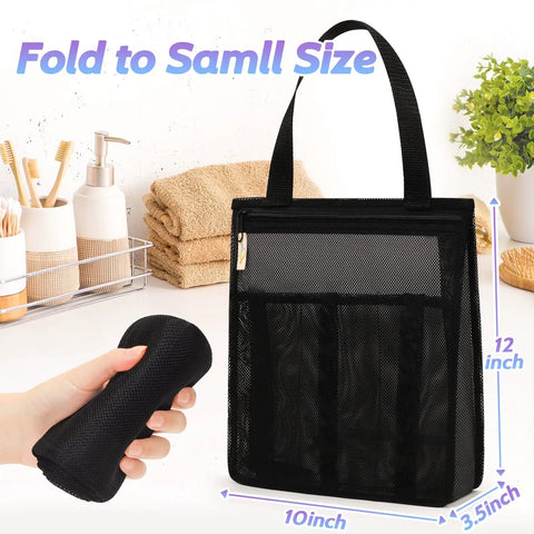 Black portable mesh shower caddy for gym, travel, camp, dorm life, quick dry bag with side pockets, hanging on counter.