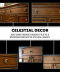 Set Of Six Gold Finish Cast Iron Crescent Moon Face Drawer Pulls For Celestial Decor installed on wooden drawers