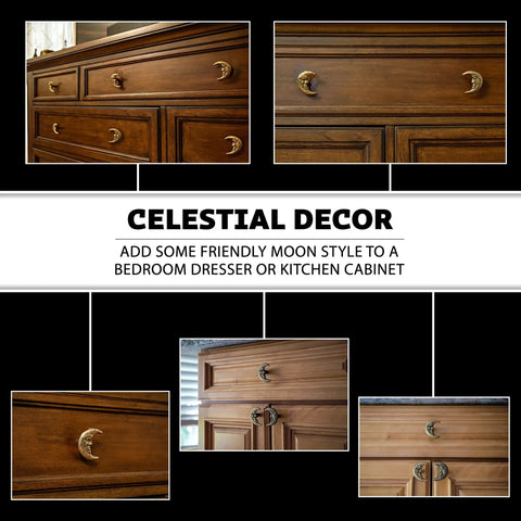 Set Of Six Gold Finish Cast Iron Crescent Moon Face Drawer Pulls For Celestial Decor installed on wooden drawers