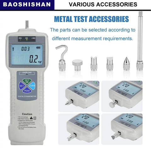 High Precision Digital Force Gauge 500N Push Pull Meter With Output Function For Lab And Shop Floor, 0.1N Resolution, 0.2 Percent Accuracy, 1000 Hz Sampling Speed, Includes Three Units. digital dynamometer with metal test accessories