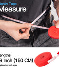 Person measuring waist with red 59 inch tape measure showing both inches and centimeters.