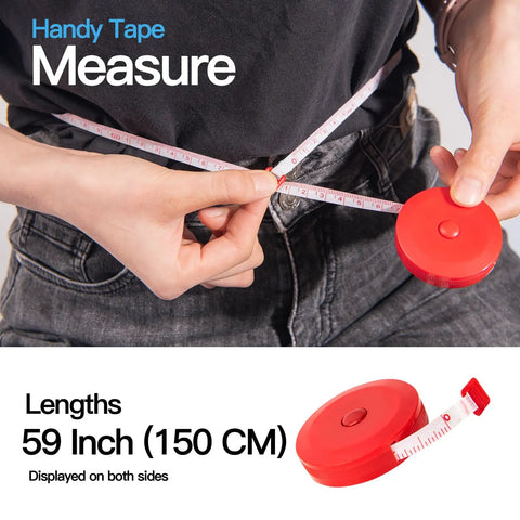 Person measuring waist with red 59 inch tape measure showing both inches and centimeters.