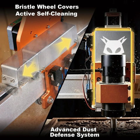 Beefy Desktop CNC Router Machine Featuring A 500W Brushless Spindle with bristle wheel covers and dust defense for precision milling.