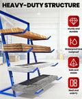 Beefy Industrial Cantilever Rack System For Heavy Duty Storage And Lumber Organization Freestanding Alloy Steel Pipe Rack With Upward Safety Hooks Garage Shed Workshop Storage 4000 LBS Capacity, showing four shelves with lumber and metal sheets.