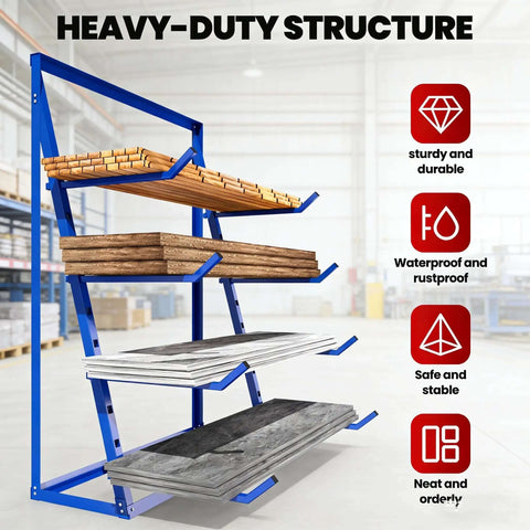 Beefy Industrial Cantilever Rack System For Heavy Duty Storage And Lumber Organization Freestanding Alloy Steel Pipe Rack With Upward Safety Hooks Garage Shed Workshop Storage 4000 LBS Capacity, showing four shelves with lumber and metal sheets.