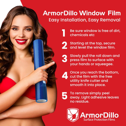 Woman holding Heavy Duty Pro Grade Window Protection Film Roll 21 Inch By 600 Foot Self Adhesive Glass Covering instructions