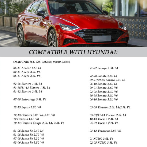 Red Hyundai sedan with Reliable 4 Pin Brake Light Switch Replacement compatibility list including CNR1164 938103K000 93810 3K000.