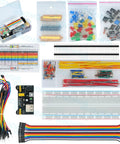 438 Piece Electronics Breadboard Kit For Beginners With No Soldering Required Plug And Play Prototyping Set Works With Arduino STM32 And Raspberry Pi Projects Ready To Go displayed with components and breadboards