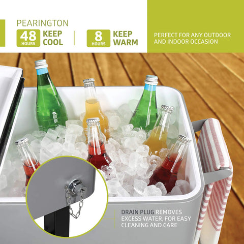 80 Quart Rolling Ice Chest Cooler Cart For Patio Parties With Bottle Opener Shelf And Grey Finish holding ice and beverages