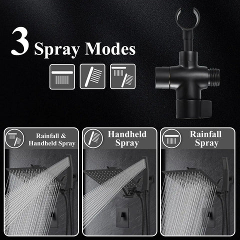 All Metal Matte Black Dual Showerhead System With Rainfall Head And Handheld, Pressure Balance Rough-In Valve Included, spray modes