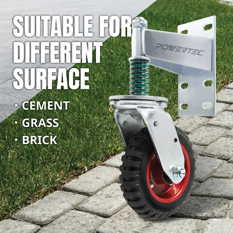 Six Inch Spring Loaded Gate Wheel Swivel Caster For Driveway Fences And Gates Beefy Heavy Duty 500 Lbs Roll Smooth On Wood Metal And More 360 Degree Rotation Hardware And Gloves Included shown on paved surface