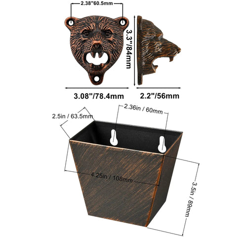 Heavy Duty Cast Iron Bear Head Wall Mounted Bottle Opener With Nifty Little Cap Catcher Antique Copper Finish dimensions 3.3" x 3.08" x 2.2".