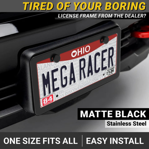 Slim Matte Black License Plate Frames 2 Pack, Rust Free Stainless Steel, Rattle Free Design, attached to car bumper