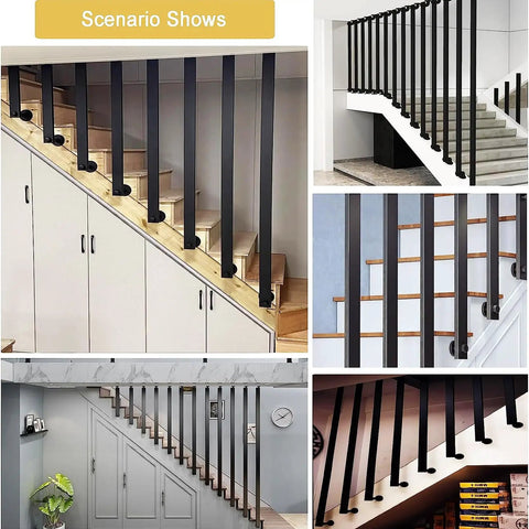 Rock Solid Matte Black Wrought Iron Handrail Adjustable Wall Mounted Stair Railing With Hella Grippy Nonslip Grip and Dang Easy Side Mount Brackets For A Badass Secure Way Upstairs, showing various installation angles.