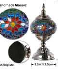 Turkish Mosaic Glass Decorative Table Lamp Handcrafted Night Light With Multicolor Beads and antique bronze base, 11in tall.
