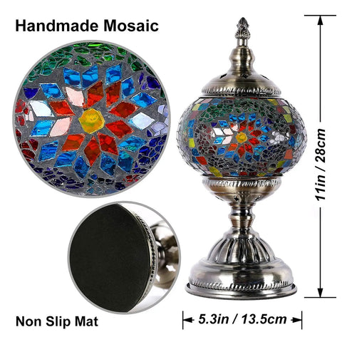 Turkish Mosaic Glass Decorative Table Lamp Handcrafted Night Light With Multicolor Beads and antique bronze base, 11in tall.