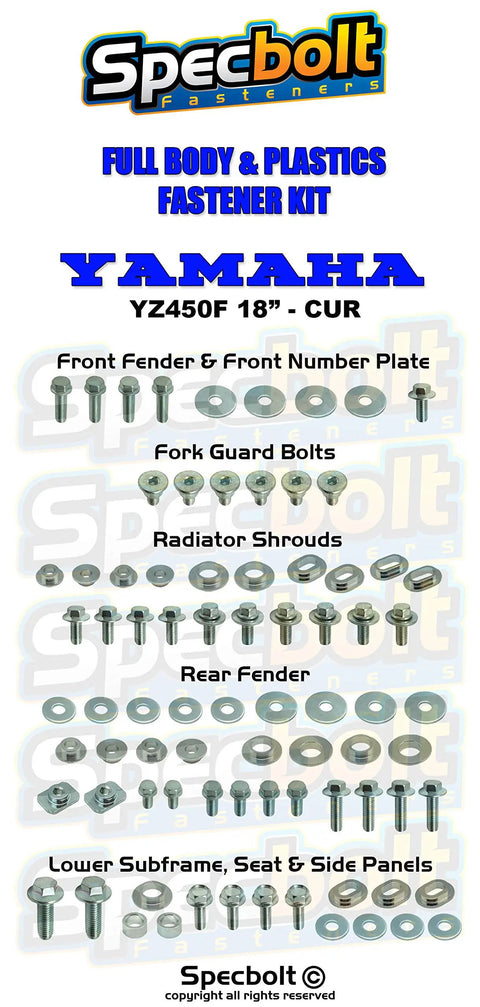 All In One Full Plastics Body Fastener Bolt Kit For Yamaha YZ450F 2018 To Current With OEM Style Hardware Includes Fenders Fork Guards Seat Shrouds Bushings Complete laid out with bolts and washers