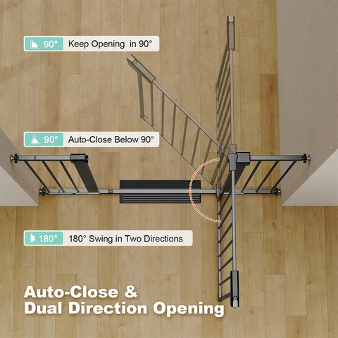 Overhead view of Mom Approved Baby Gate For Stairs And Doorways Fits 26 To 40 Inch Openings No Drilling Auto Close Safety Gate features