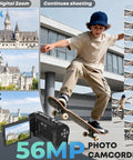 Legit Pro Qhd Camcorder featuring 2.7K video and 50 MP photos, capturing skater tricks in motion with 16X digital zoom.